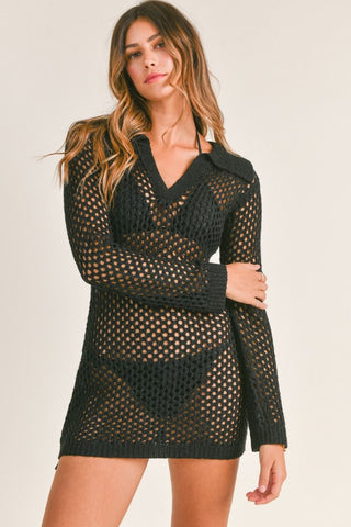 COLLARED KNIT COVER UP BLACK