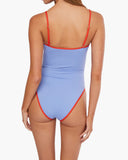 BLUE/FIERY RED STRAPLESS ONE PIECE