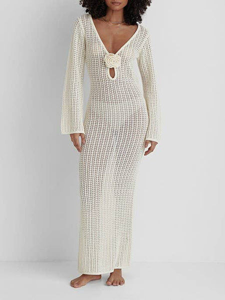 V-NECK ELEGANT FRENCH BACKLESS KNITTED BEACH MAXI