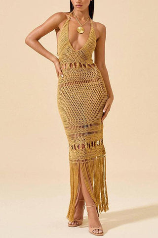 GOLDEN DUNE CROCHET FRINGE DRESS