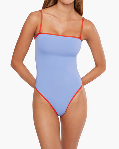 BLUE/FIERY RED STRAPLESS ONE PIECE