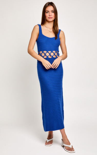 SQUARE NECK SLEEVELESS CROCHET DRESS BLUE